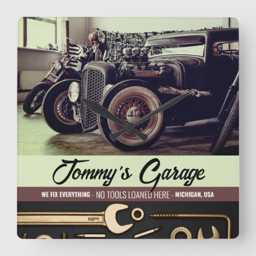 Mechanic Custom Car Motorcycle Garage Square Wall Clock