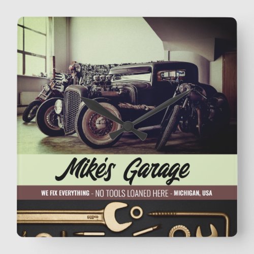 Mechanic Custom Car Motorcycle Garage Square Wall Square Wall Clock