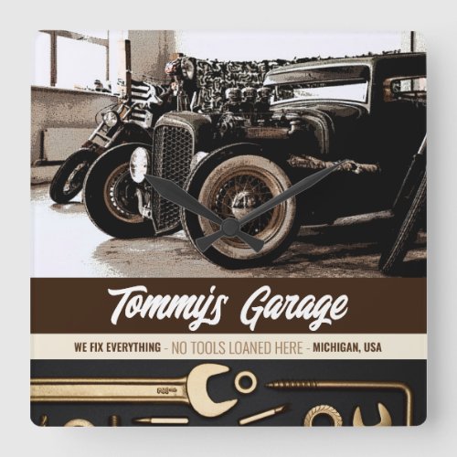 Mechanic Custom Car Motorcycle Garage Square Wall  Square Wall Clock