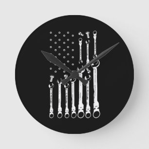 Mechanic Flag American Patriotic Flag Car Mechanic Round Clock