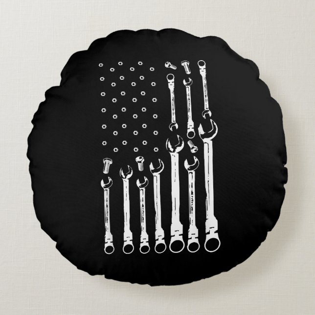 Mechanic Flag American Patriotic Flag Car Mechanic Round Pillow (Front)