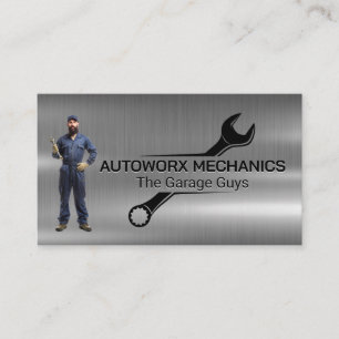 Mechanic Holding Wrench   Auto Services   Metallic Business Card
