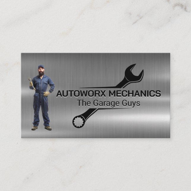 Mechanic Holding Wrench | Auto Services | Metallic Business Card (Front)