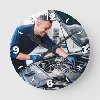 Mechanic Inspecting Car Engine Garage Decor Round Clock