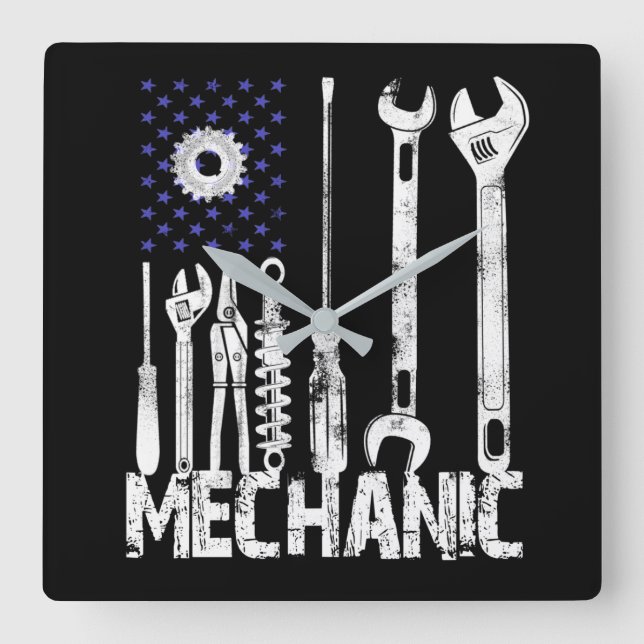 Mechanic Lovers | Mechanic USA Flag Square Wall Clock (Front)
