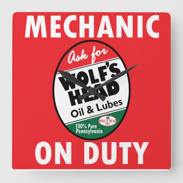Mechanic on Duty sign. Wolf Head Oil version Square Wall Clock (Front)
