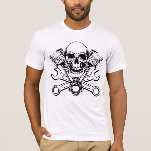 Mechanic t_shirt with a skull pistons and wrench