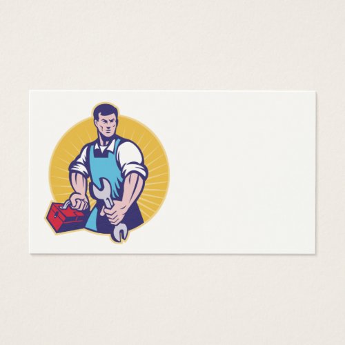 Mechanic tradesman worker holding spanner toolbox business card template