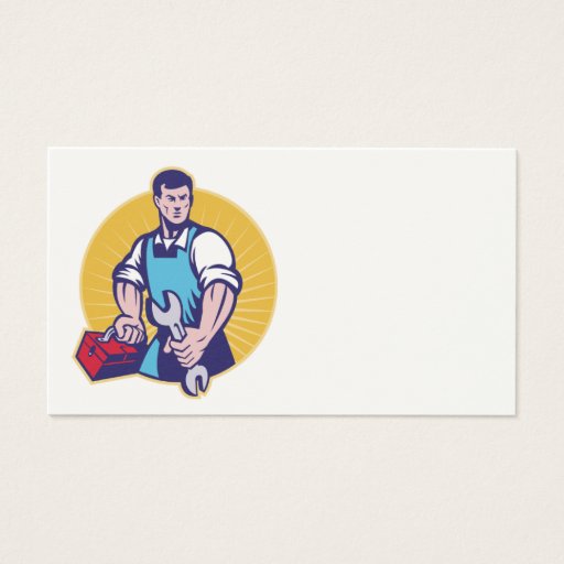 Customizable Mechanic tradesman worker holding spanner toolbox business card template