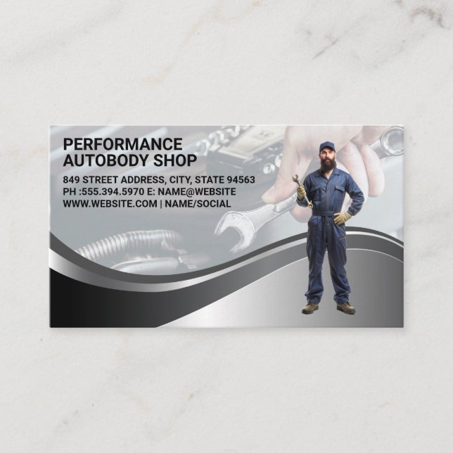 Mechanic with Wrench | Auto Garage Repair Shop Business Card (Front)