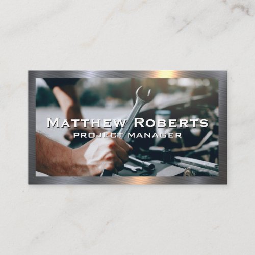 Mechanic with Wrench  Metal Border Business Card