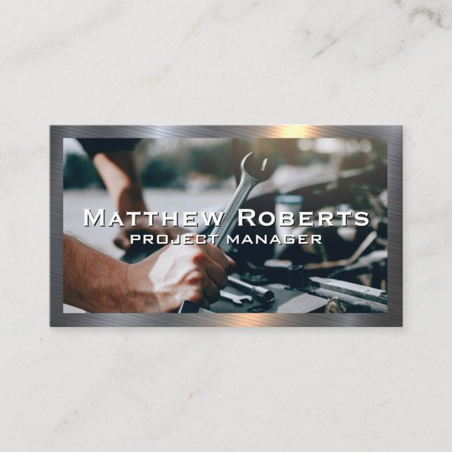 Mechanic with Wrench | Metal Border Business Card (Front)