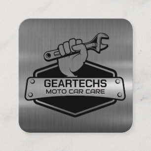 Mechanic with Wrench Metallic Brushed Square Business Card