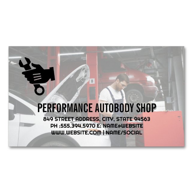 Mechanic Working on Car | Auto Repair Business Card Magnet (Front)