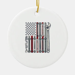 Mechanic Wrench Flag Vintage Engraving Vector Desi Ceramic Ornament