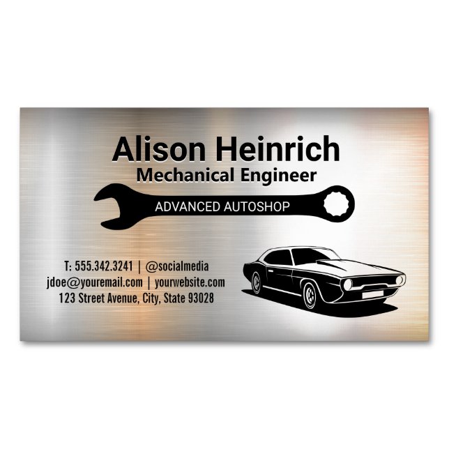 Mechanic Wrench | Muscle Car | Metallic Business Card Magnet (Front)