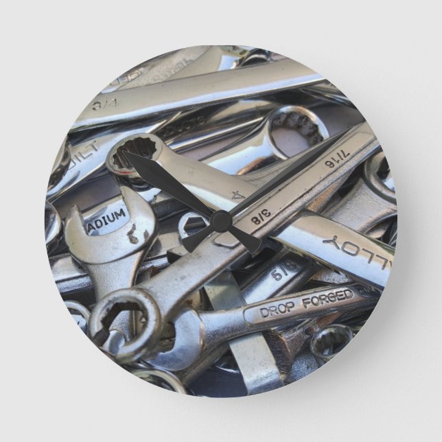 Mechanic Wrench Wrenches Man Cave Garage Repair Round Clock (Front)