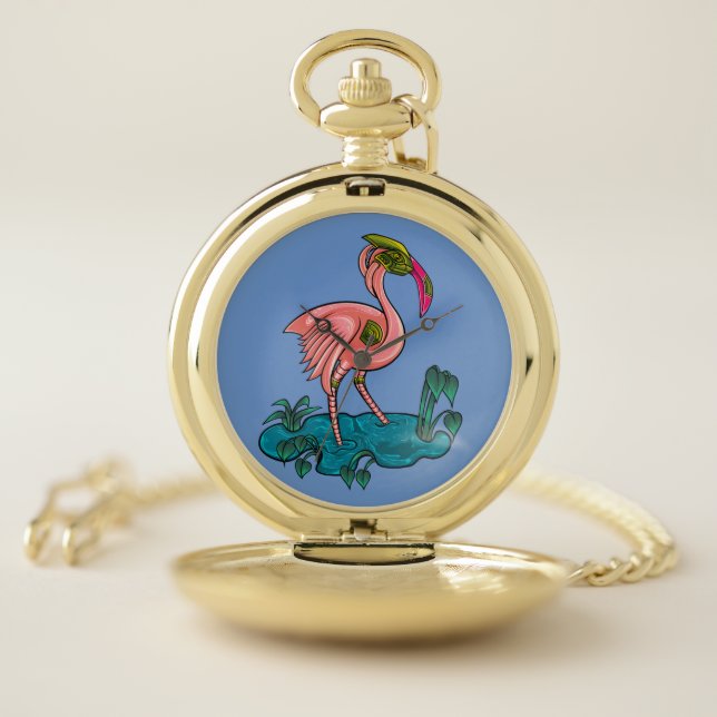 Mechanical Bird, Pink Flamingo Mecha Robot Pocket Watch (Inside)