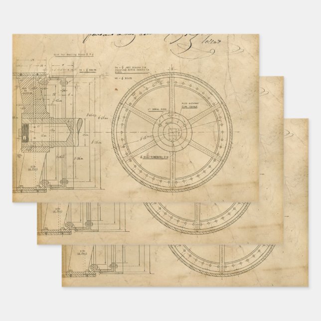 Mechanical Circular Schematics on Tan Wrapping Paper Sheets (Set)