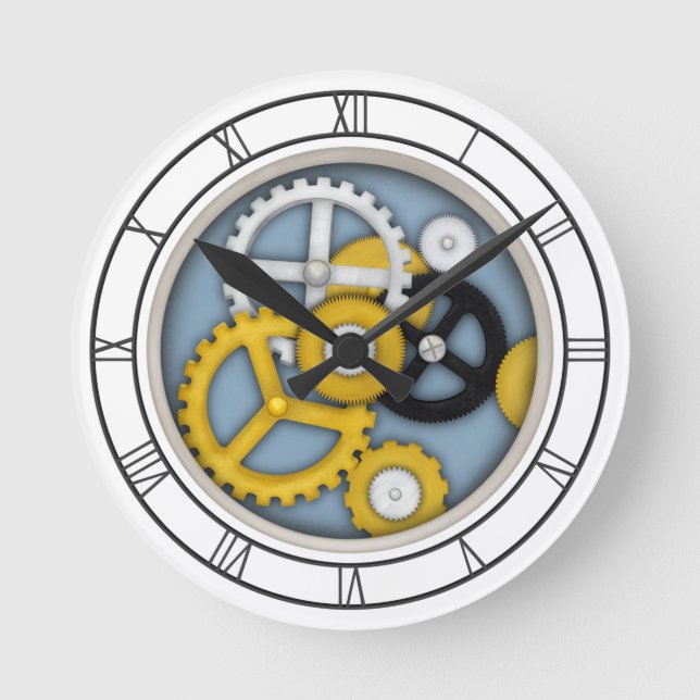 Mechanical Clockwork Illusion Trompe L'oeil Blue Round Clock (Front)