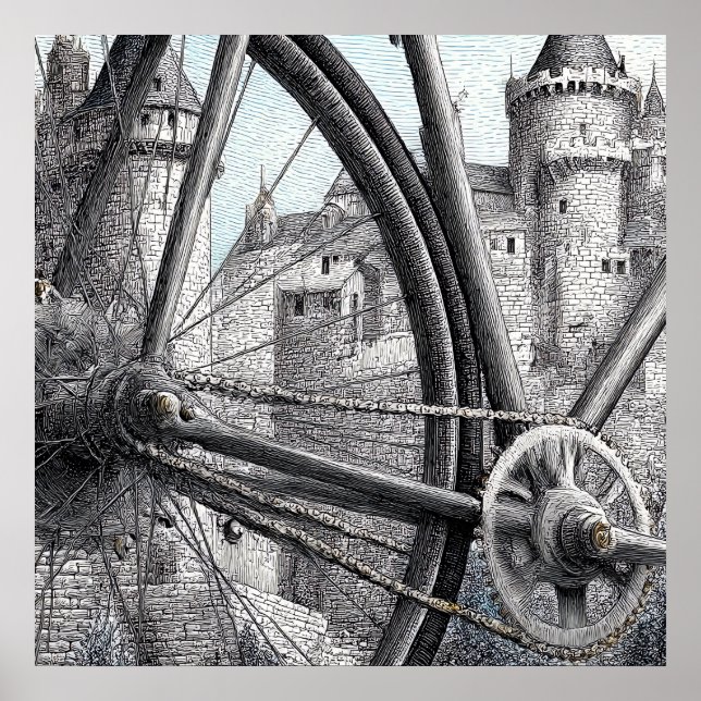 Mechanical Contrast: Bicycle Design in Medieval Poster (Front)