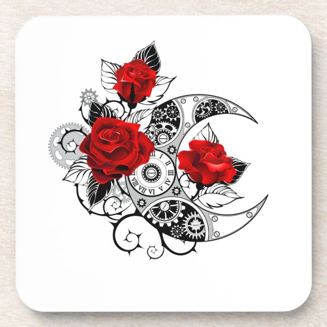 Mechanical Crescent with Red Roses Beverage Coaster (Front)