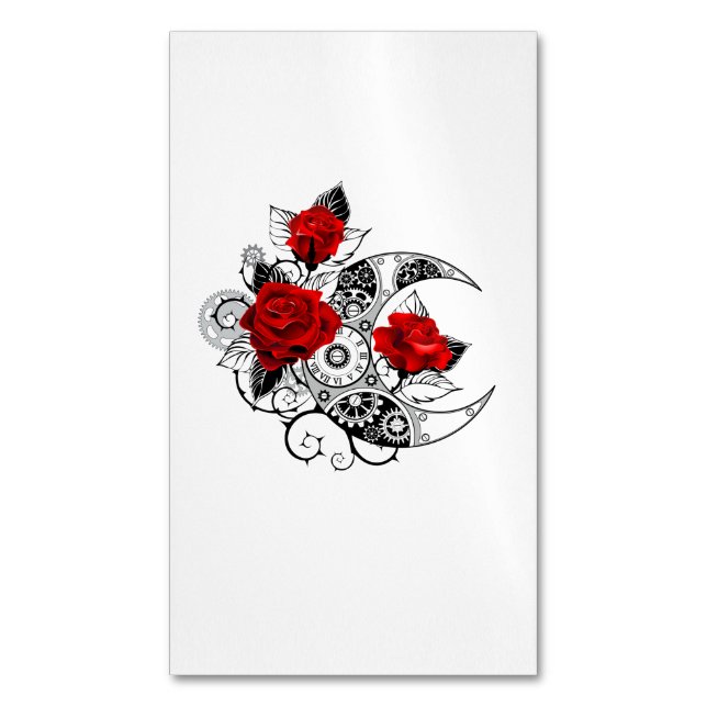 Mechanical Crescent with Red Roses Business Card Magnet (Front Vertical)
