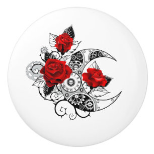 Mechanical Crescent with Red Roses Ceramic Knob