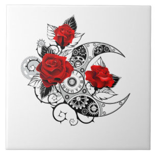 Mechanical Crescent with Red Roses Ceramic Tile