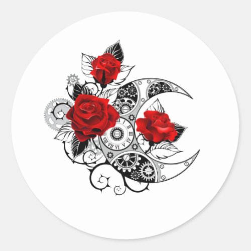 Mechanical Crescent with Red Roses Classic Round Sticker