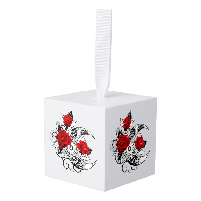 Mechanical Crescent with Red Roses Cube Ornament (Front Angled)