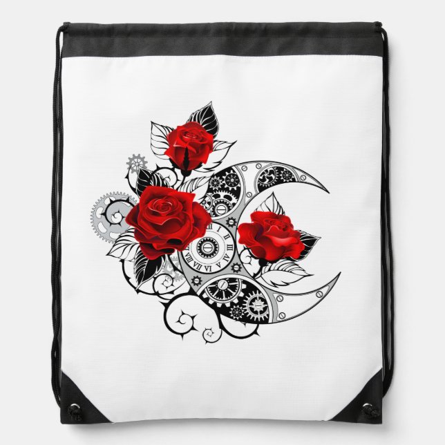 Mechanical Crescent with Red Roses Drawstring Bag (Front)