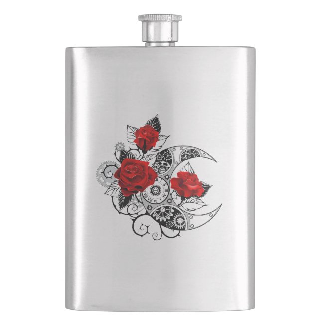 Mechanical Crescent with Red Roses Flask (Front)