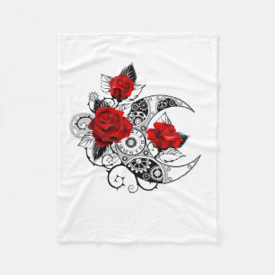 Mechanical Crescent with Red Roses Fleece Blanket