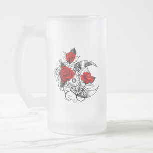 Mechanical Crescent with Red Roses Frosted Glass Beer Mug
