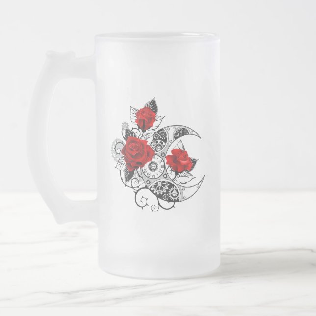 Mechanical Crescent with Red Roses Frosted Glass Beer Mug (Left)