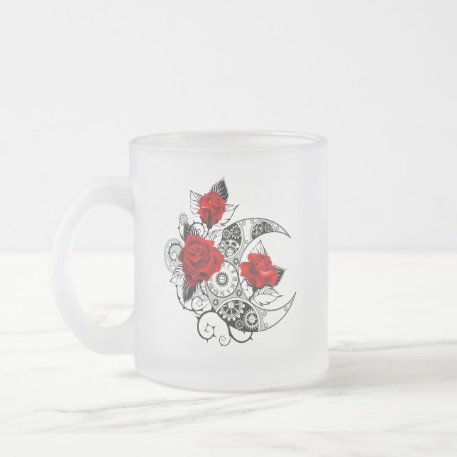 Mechanical Crescent with Red Roses Frosted Glass Coffee Mug (Left)