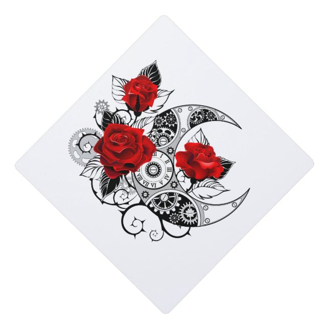 Mechanical Crescent with Red Roses Graduation Cap Topper (Front)