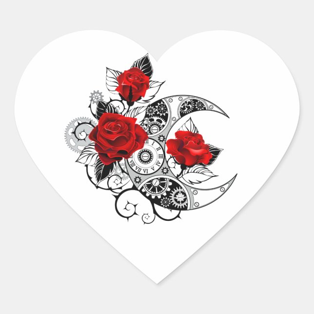 Mechanical Crescent with Red Roses Heart Sticker (Front)