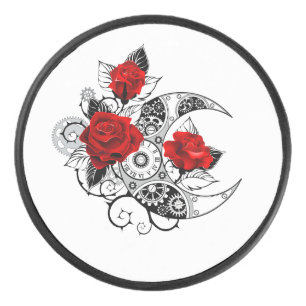 Mechanical Crescent with Red Roses Hockey Puck