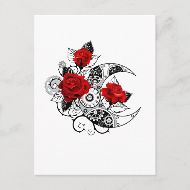 Mechanical Crescent with Red Roses Invitation Postcard (Front)
