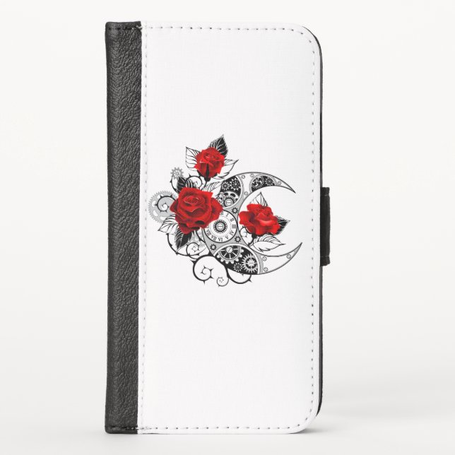 Mechanical Crescent with Red Roses iPhone Wallet Case (Front)