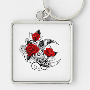 Mechanical Crescent with Red Roses Keychain