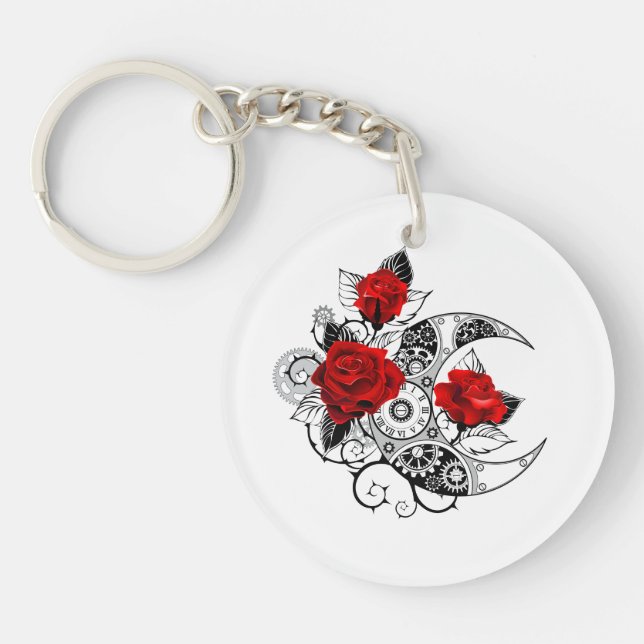 Mechanical Crescent with Red Roses Keychain (Front)