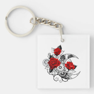 Mechanical Crescent with Red Roses Keychain