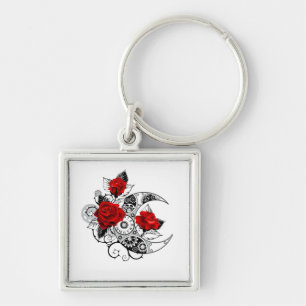 Mechanical Crescent with Red Roses Keychain