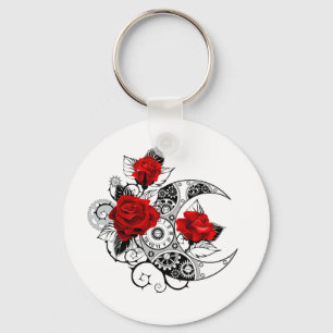 Mechanical Crescent with Red Roses Keychain