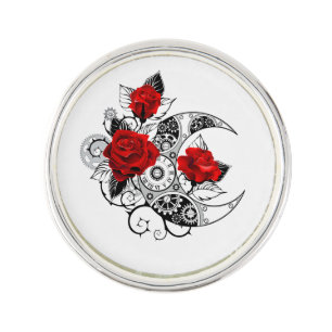 Mechanical Crescent with Red Roses Lapel Pin