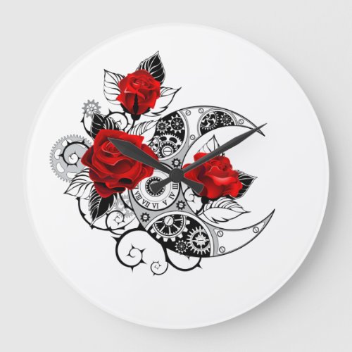 Mechanical Crescent with Red Roses Large Clock