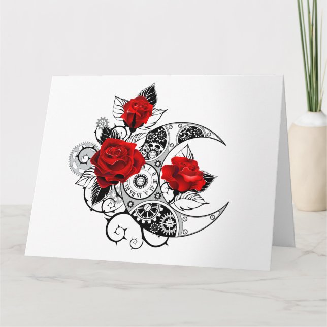 Mechanical Crescent with Red Roses Letterpress Thank You Card (Front)